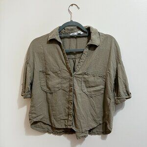 ZARA Womens Crop Short Sleeve Button Down Shirt Linen Olive Green Size S